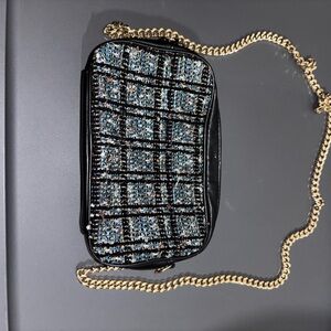 Woven Tweed Crossbody Bag with Gold Chain - Black/Blue